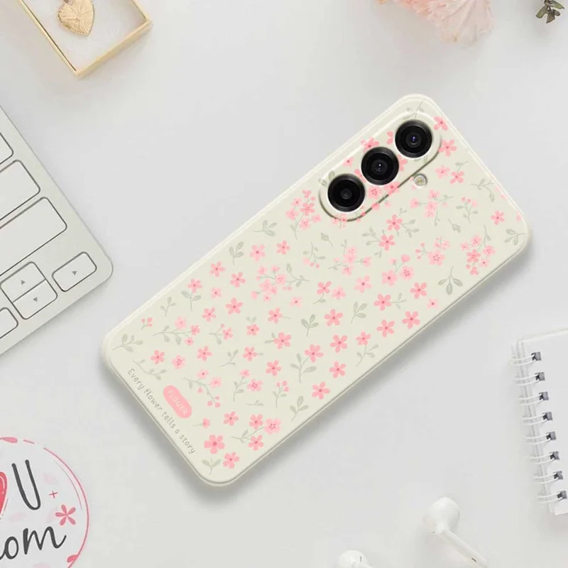 For Samsung Galaxy A17 5G Case Pink Small Flowers Pattern Printing Straight Edge TPU Phone Back Cover - Beige