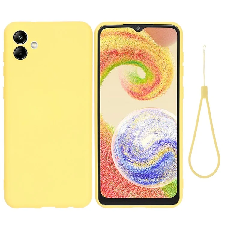 For Samsung Galaxy A04 4G (164.4 x 76.3 x 9.1 mm) Liquid Silicone Phone Case Anti-Scratch Soft Fiber Lining Camera Protection Cover with Strap - Yellow