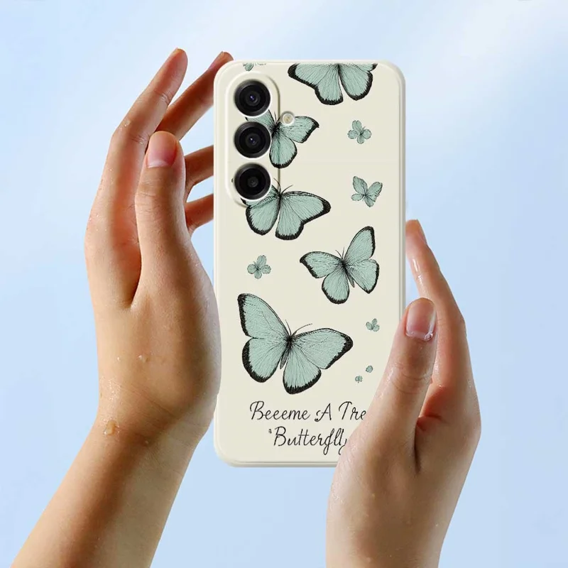 Für Samsung Galaxy A17 5G Hülle Grünes Schmetterlings-Muster Druck Gerade Kante TPU Handy Rückseite Schutzhülle - Beige