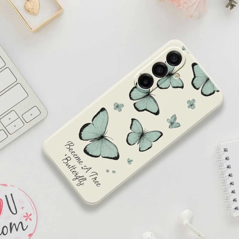 Für Samsung Galaxy A17 5G Hülle Grünes Schmetterlings-Muster Druck Gerade Kante TPU Handy Rückseite Schutzhülle - Beige
