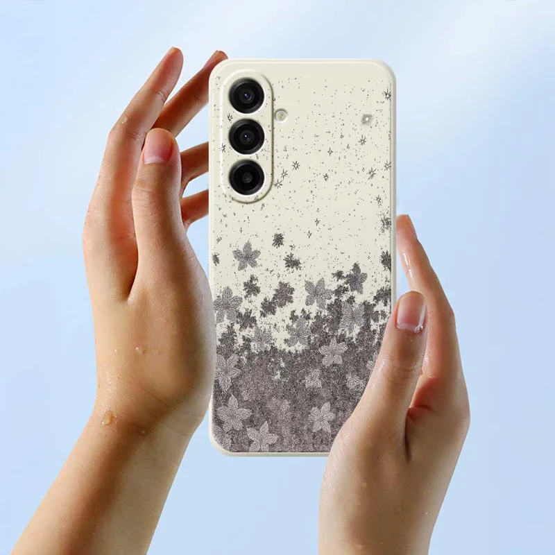 For Samsung Galaxy A17 5G / A17 4G Case Grey Flowers Pattern Printing Straight Edge TPU Phone Back Cover - Beige