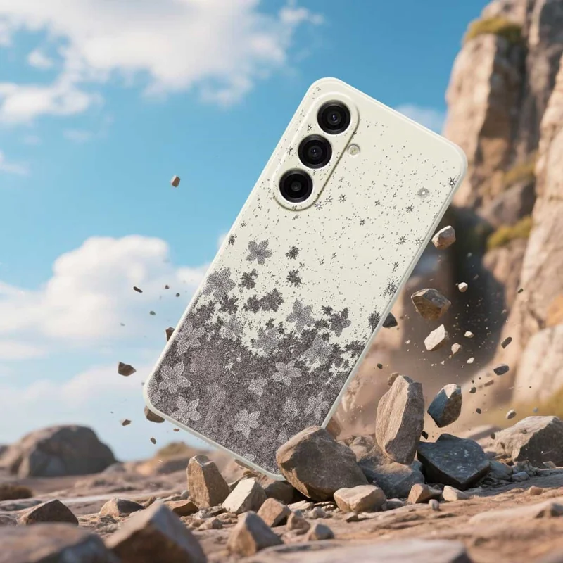 For Samsung Galaxy A17 5G / A17 4G Case Grey Flowers Pattern Printing Straight Edge TPU Phone Back Cover - Beige