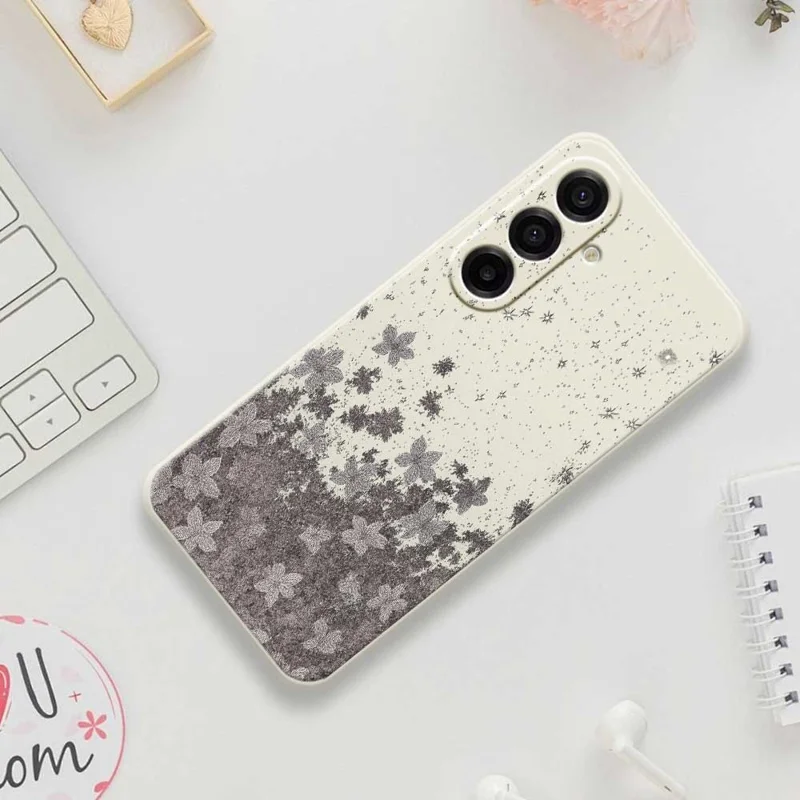 For Samsung Galaxy A17 5G / A17 4G Case Grey Flowers Pattern Printing Straight Edge TPU Phone Back Cover - Beige