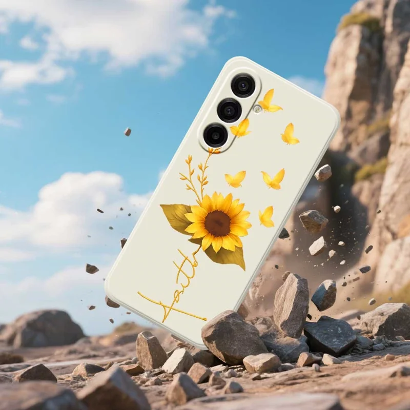 For Samsung Galaxy A17 5G Case Golden Butterfly Sunflower Pattern Printing Straight Edge TPU Phone Back Cover - Beige