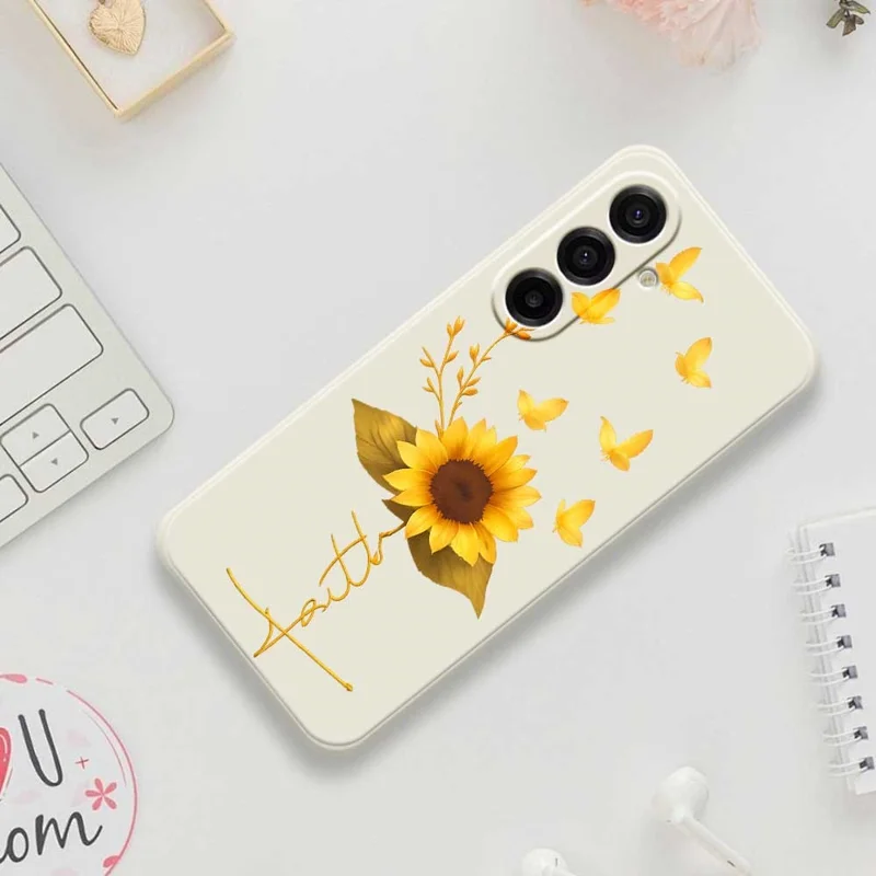 For Samsung Galaxy A17 5G Case Golden Butterfly Sunflower Pattern Printing Straight Edge TPU Phone Back Cover - Beige