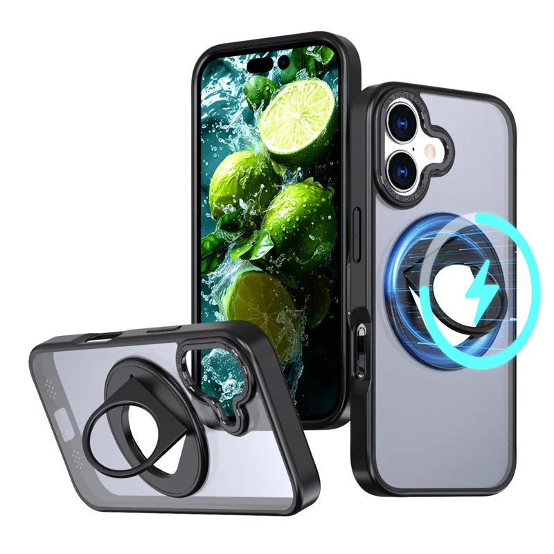 For iPhone 17 Clear Back Case Rotating Kickstand TPU + PC Phone Cover Compatible with MagSafe - Black
