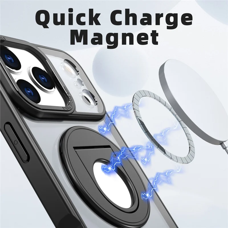 For iPhone 17 Pro Clear Back Case Rotating Kickstand TPU + PC Phone Cover Compatible with MagSafe - Black