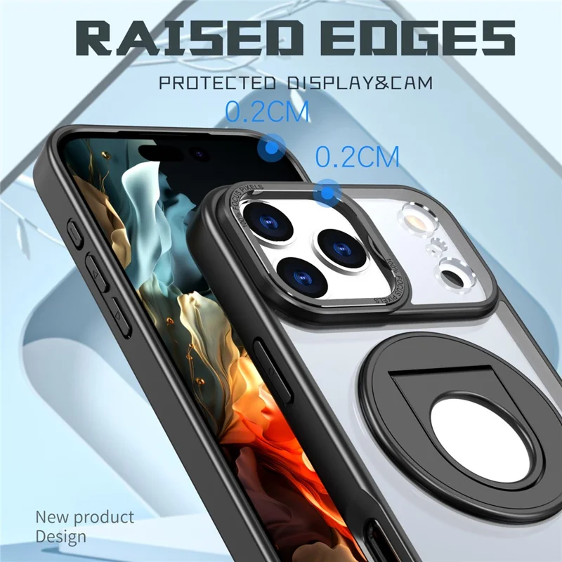 For iPhone 17 Pro Clear Back Case Rotating Kickstand TPU + PC Phone Cover Compatible with MagSafe - Black