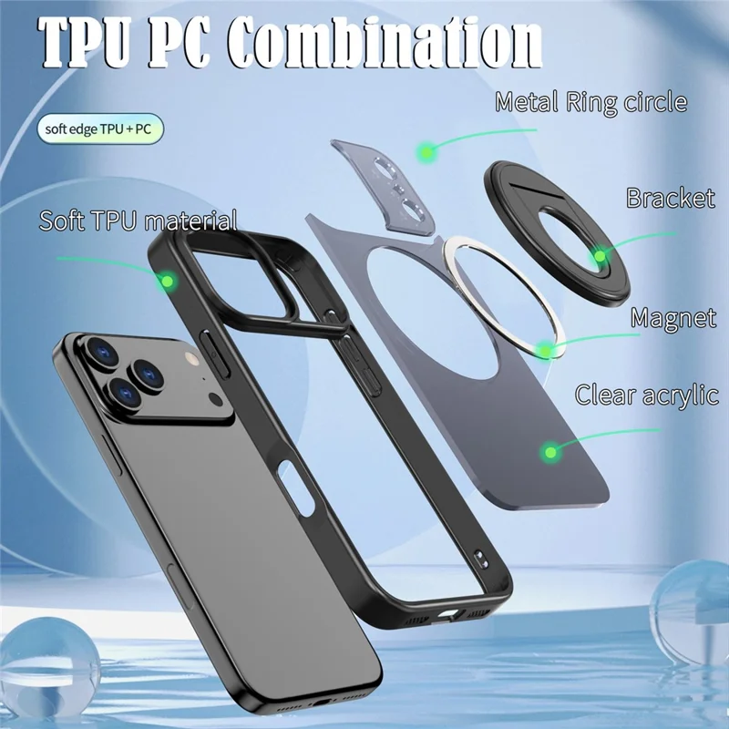 For iPhone 17 Pro Clear Back Case Rotating Kickstand TPU + PC Phone Cover Compatible with MagSafe - Black
