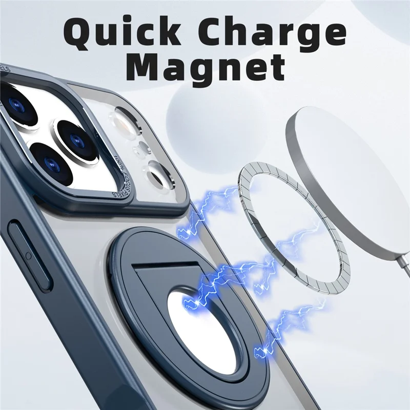 For iPhone 17 Pro Clear Back Case Rotating Kickstand TPU + PC Phone Cover Compatible with MagSafe - Dark Blue