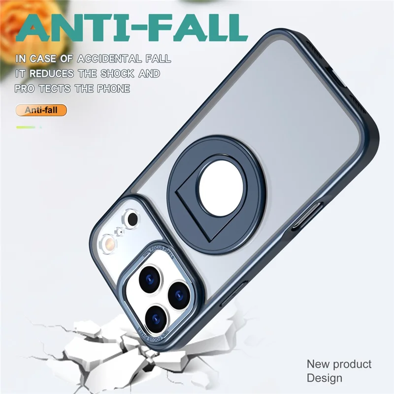 For iPhone 17 Pro Clear Back Case Rotating Kickstand TPU + PC Phone Cover Compatible with MagSafe - Dark Blue