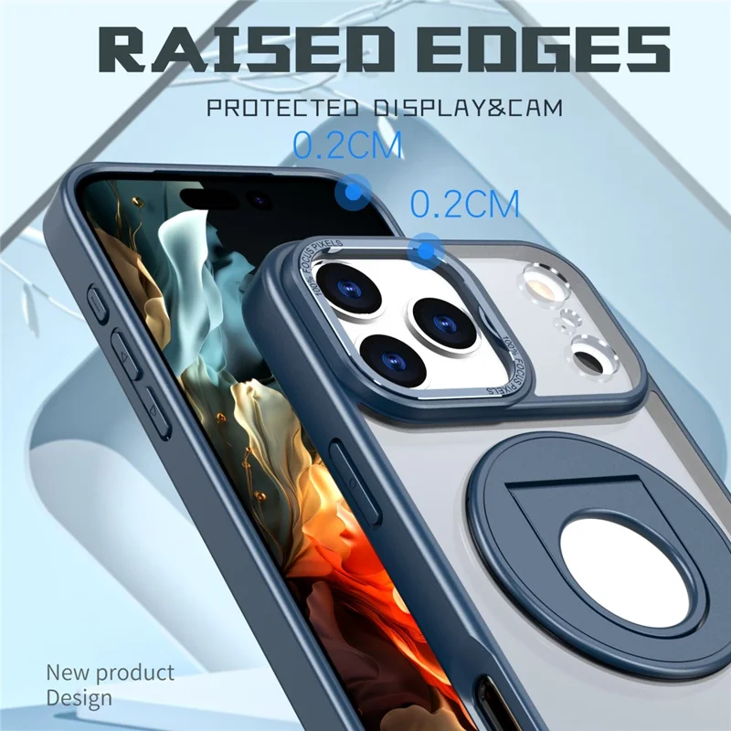 For iPhone 17 Pro Clear Back Case Rotating Kickstand TPU + PC Phone Cover Compatible with MagSafe - Dark Blue