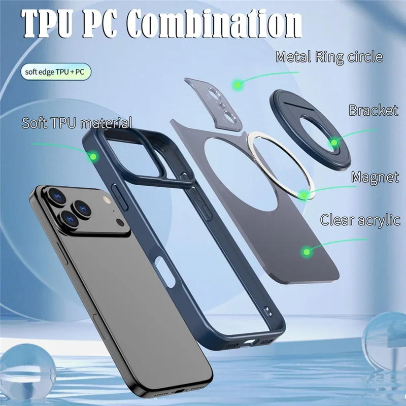 For iPhone 17 Pro Clear Back Case Rotating Kickstand TPU + PC Phone Cover Compatible with MagSafe - Dark Blue