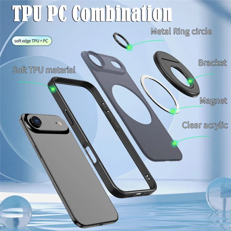 For iPhone Air Clear Back Case Rotating Kickstand TPU + PC Phone Cover Compatible with MagSafe - Black