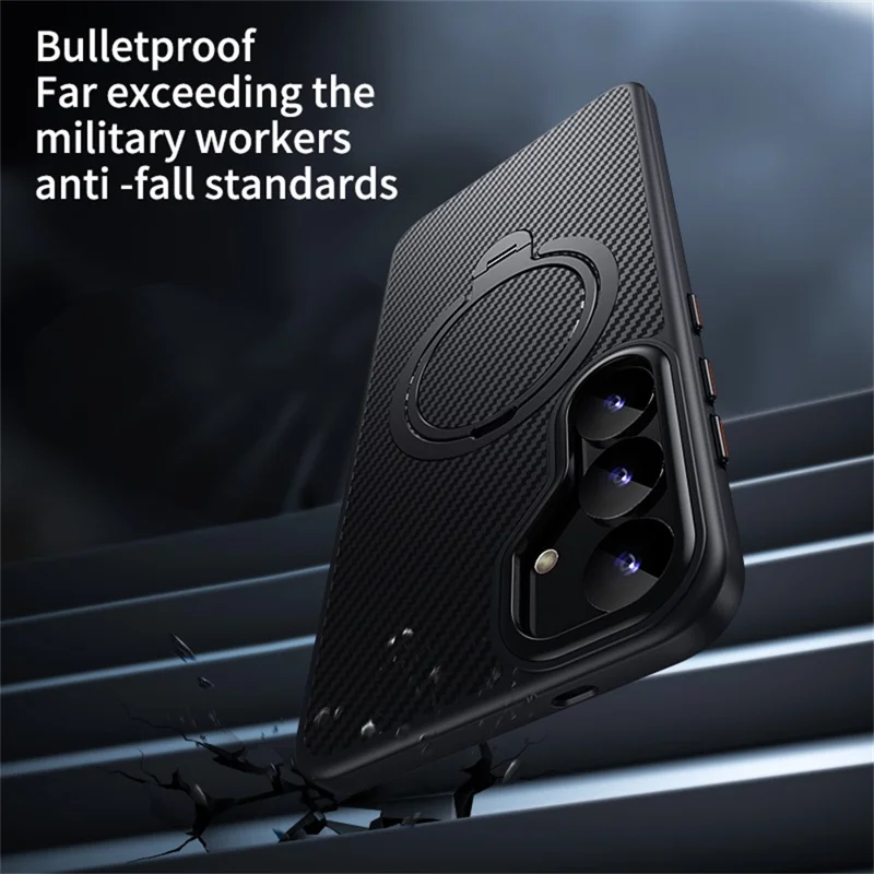 For Samsung Galaxy S24 Case Compatible with MagSafe PC + TPU Phone Cover Ring Holder Carbon Fiber Texture - Black