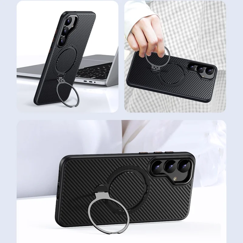 For Samsung Galaxy S24 Case Compatible with MagSafe PC + TPU Phone Cover Ring Holder Carbon Fiber Texture - Black