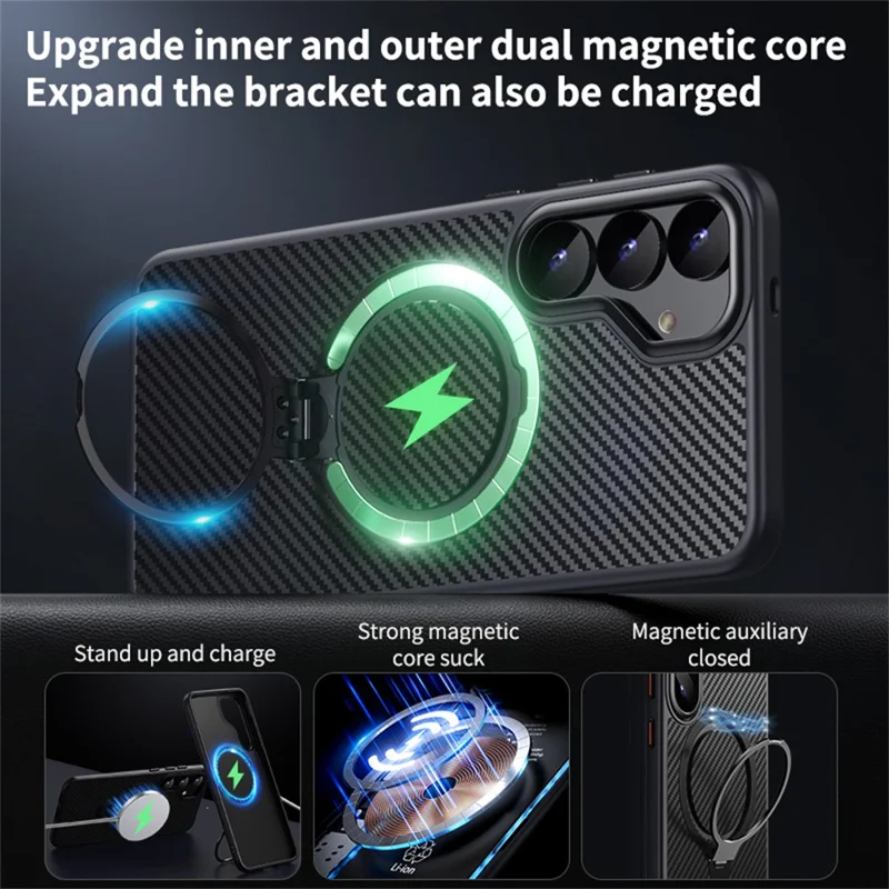 For Samsung Galaxy S24+ Case Compatible with MagSafe PC + TPU Phone Cover Ring Holder Carbon Fiber Texture - Black  /  Silver