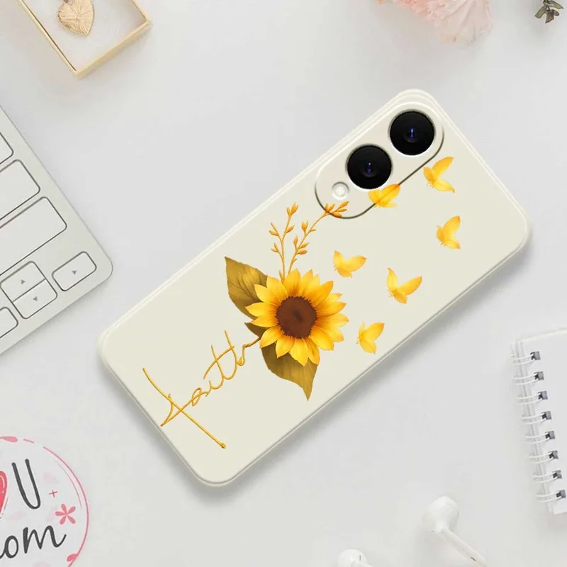 For Samsung Galaxy S25 Edge Case Golden Butterfly Sunflower Pattern Printing Straight Edge TPU Phone Back Cover - Beige