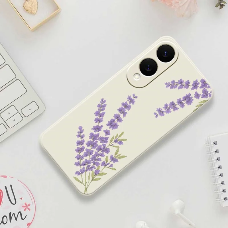 For Samsung Galaxy S25 Edge Case Lavender Pattern Printing Straight Edge TPU Phone Back Cover - Beige