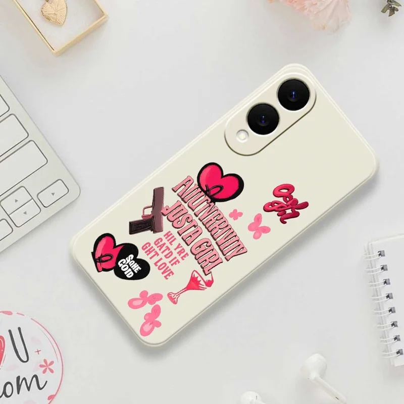 For Samsung Galaxy S25 Edge Case Pink Elements Pattern Printing Straight Edge TPU Phone Back Cover - Beige