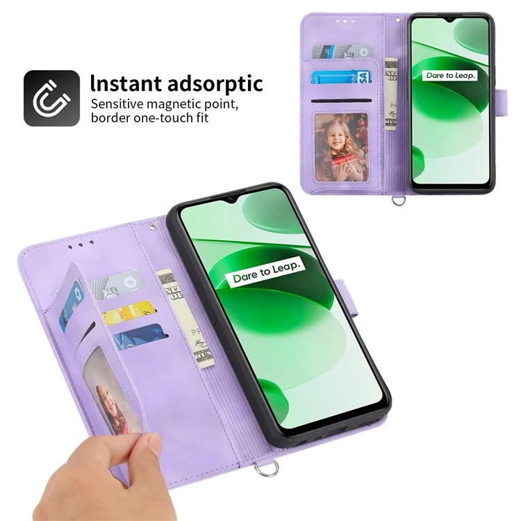 For Realme C35 4G Phone Case Imprinted Flowers PU Leather Stand Case Skin-touch Multiple Card Slots Phone Cover with Wrist Strap / Shoulder Strap - Light Purple