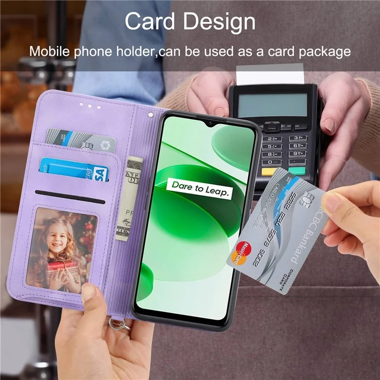 For Realme C35 4G Phone Case Imprinted Flowers PU Leather Stand Case Skin-touch Multiple Card Slots Phone Cover with Wrist Strap / Shoulder Strap - Light Purple