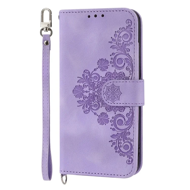 For Realme C35 4G Phone Case Imprinted Flowers PU Leather Stand Case Skin-touch Multiple Card Slots Phone Cover with Wrist Strap / Shoulder Strap - Light Purple