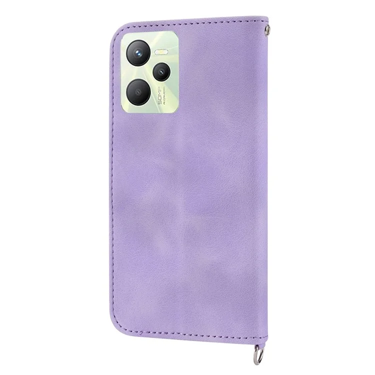 For Realme C35 4G Phone Case Imprinted Flowers PU Leather Stand Case Skin-touch Multiple Card Slots Phone Cover with Wrist Strap / Shoulder Strap - Light Purple