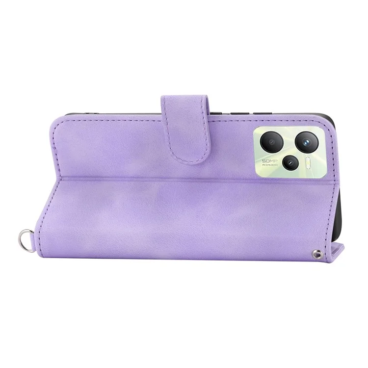 For Realme C35 4G Phone Case Imprinted Flowers PU Leather Stand Case Skin-touch Multiple Card Slots Phone Cover with Wrist Strap / Shoulder Strap - Light Purple