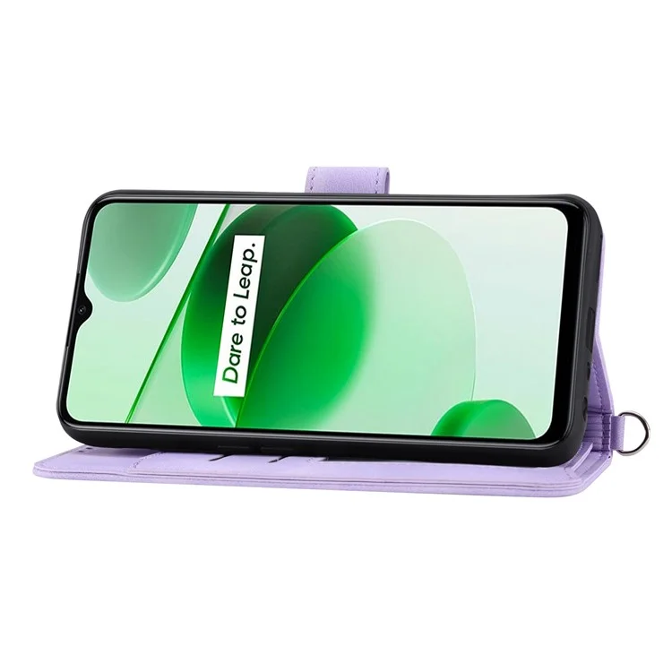 For Realme C35 4G Phone Case Imprinted Flowers PU Leather Stand Case Skin-touch Multiple Card Slots Phone Cover with Wrist Strap / Shoulder Strap - Light Purple