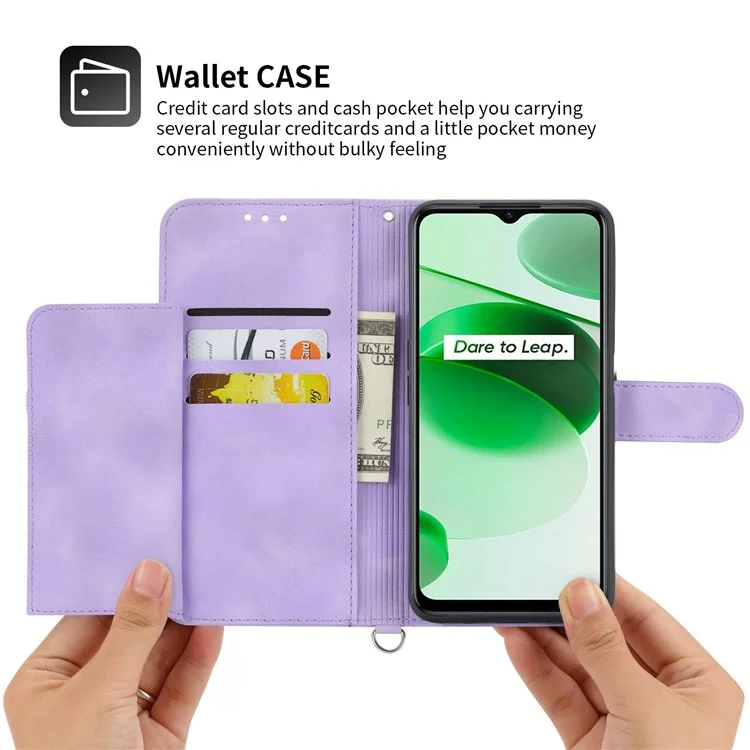 For Realme C35 4G Phone Case Imprinted Flowers PU Leather Stand Case Skin-touch Multiple Card Slots Phone Cover with Wrist Strap / Shoulder Strap - Light Purple