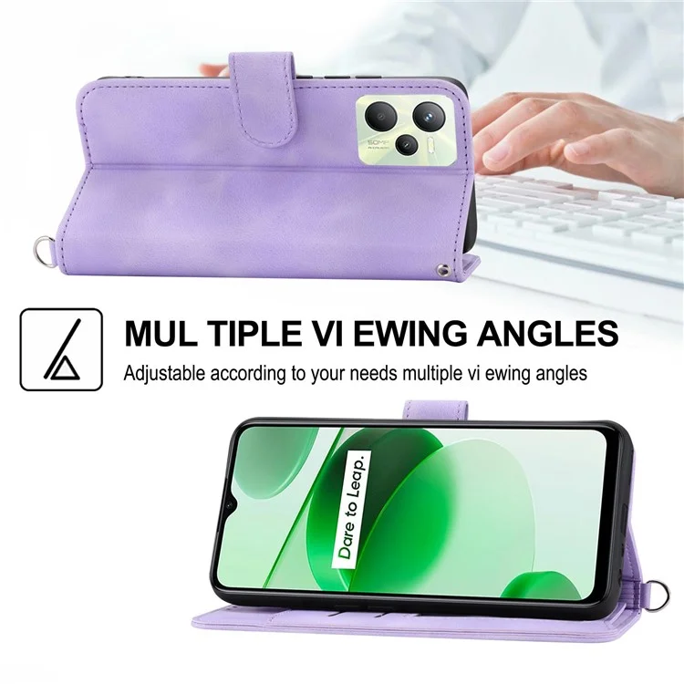 For Realme C35 4G Phone Case Imprinted Flowers PU Leather Stand Case Skin-touch Multiple Card Slots Phone Cover with Wrist Strap / Shoulder Strap - Light Purple