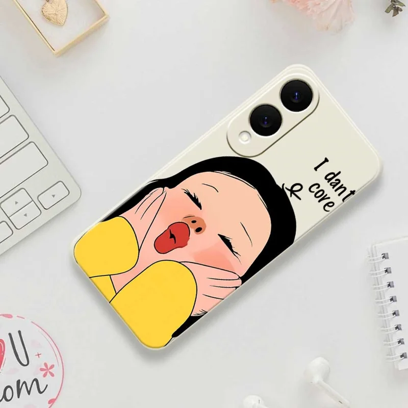 For Samsung Galaxy S25 Edge Case Girl Holding Face Pattern Printing Straight Edge TPU Phone Back Cover - Beige