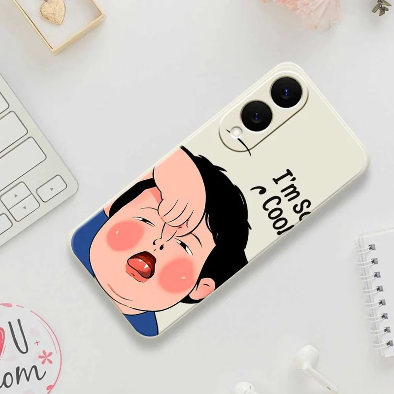 For Samsung Galaxy S25 Edge Case Make Faces Kid Pattern Printing Straight Edge TPU Phone Back Cover - Beige