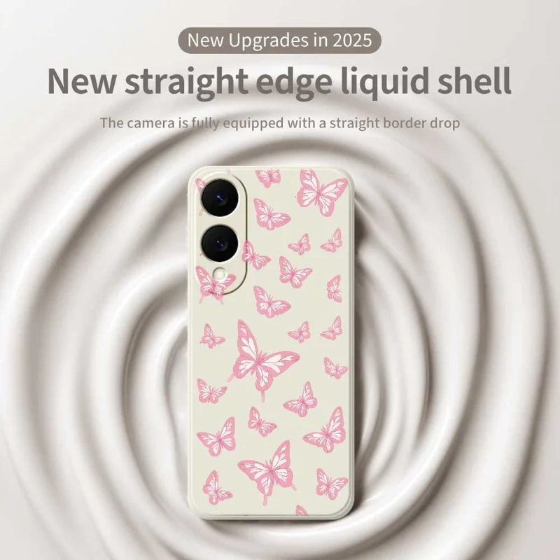 For Samsung Galaxy S25 Edge Case Pink Butterflies Pattern Printing Straight Edge TPU Phone Back Cover - Beige