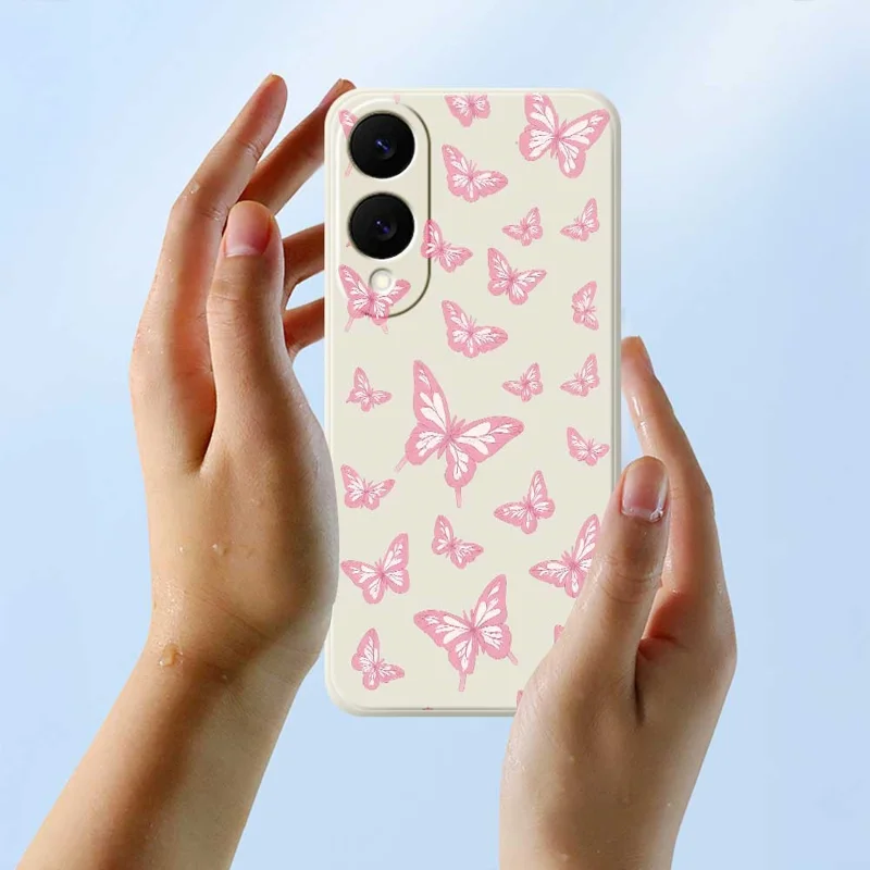 For Samsung Galaxy S25 Edge Case Pink Butterflies Pattern Printing Straight Edge TPU Phone Back Cover - Beige