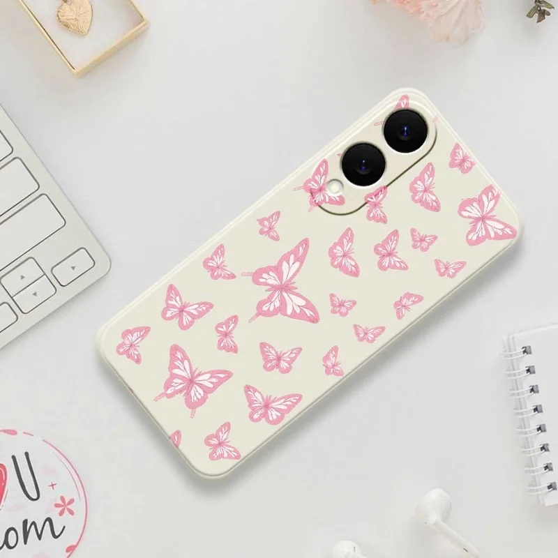For Samsung Galaxy S25 Edge Case Pink Butterflies Pattern Printing Straight Edge TPU Phone Back Cover - Beige