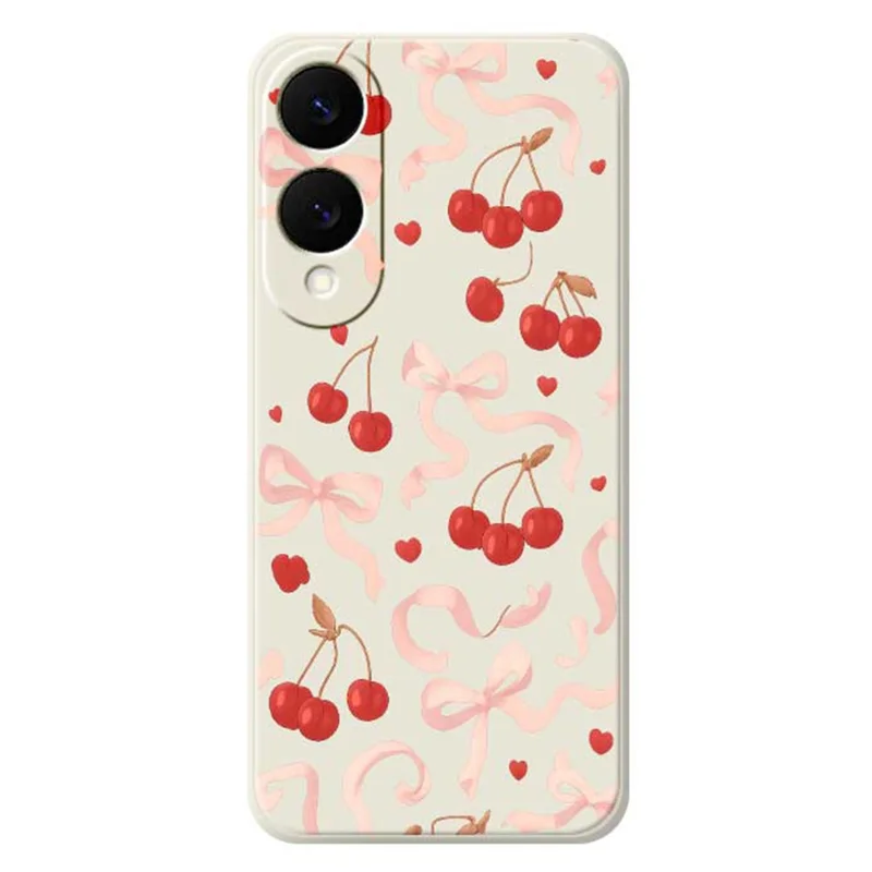 For Samsung Galaxy S25 Edge Case Big Bow Cherry Pattern Printing Straight Edge TPU Phone Back Cover - Beige
