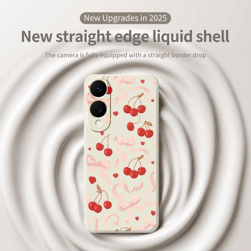 For Samsung Galaxy S25 Edge Case Big Bow Cherry Pattern Printing Straight Edge TPU Phone Back Cover - Beige