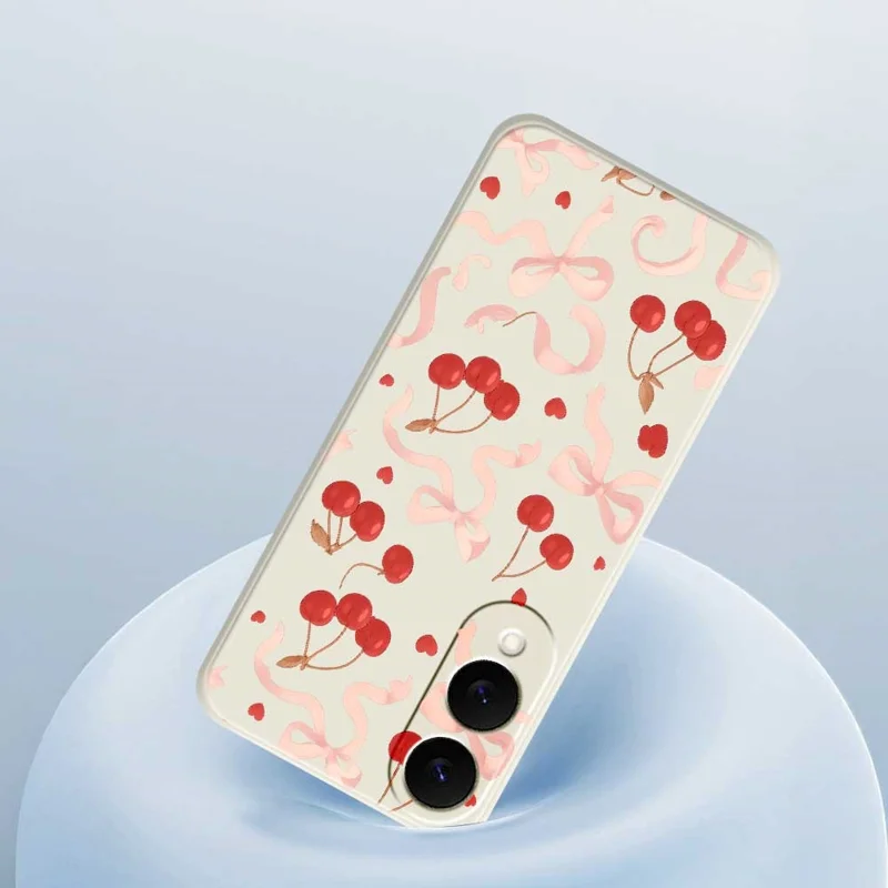 For Samsung Galaxy S25 Edge Case Big Bow Cherry Pattern Printing Straight Edge TPU Phone Back Cover - Beige