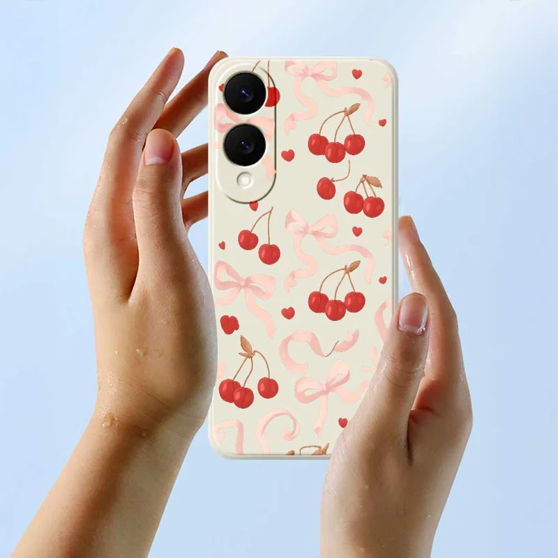 For Samsung Galaxy S25 Edge Case Big Bow Cherry Pattern Printing Straight Edge TPU Phone Back Cover - Beige