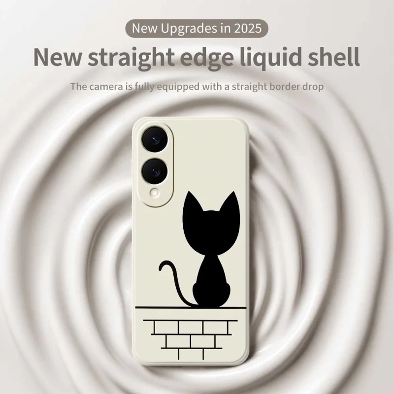 For Samsung Galaxy S25 Edge Case Black Cat on the Wall Pattern Printing Straight Edge TPU Phone Back Cover - Beige