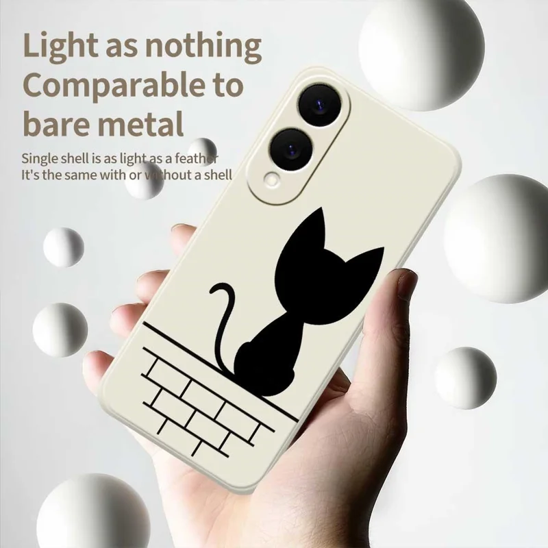For Samsung Galaxy S25 Edge Case Black Cat on the Wall Pattern Printing Straight Edge TPU Phone Back Cover - Beige