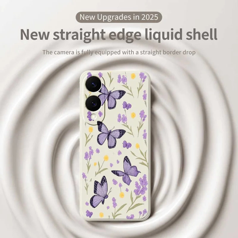 Чехол для Samsung Galaxy S25 Edge с рисунком "Фиолетовые бабочки", мягкий ТПУ, с прямым краем, задняя крышка телефона - Бежевый