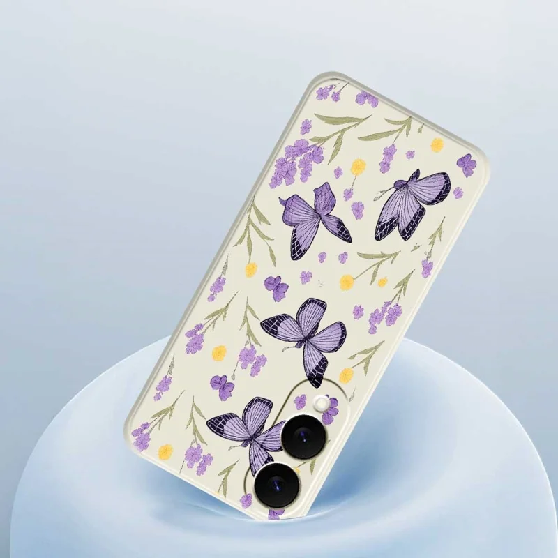 Чехол для Samsung Galaxy S25 Edge с рисунком "Фиолетовые бабочки", мягкий ТПУ, с прямым краем, задняя крышка телефона - Бежевый