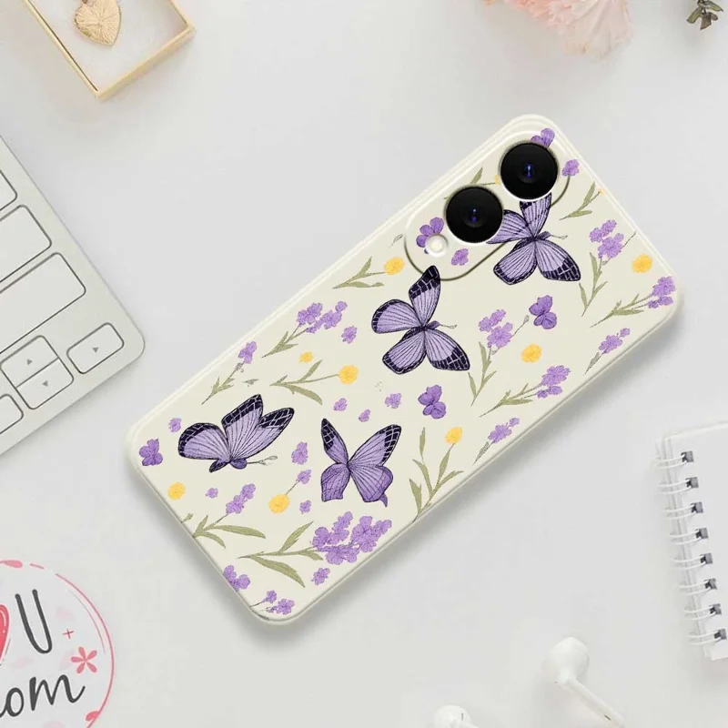 Чехол для Samsung Galaxy S25 Edge с рисунком "Фиолетовые бабочки", мягкий ТПУ, с прямым краем, задняя крышка телефона - Бежевый
