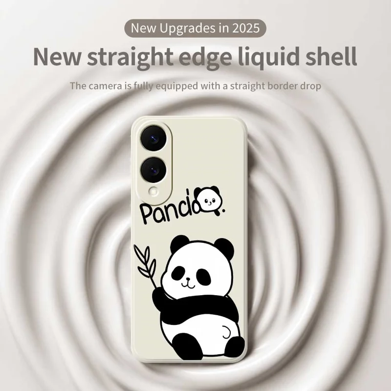 Capa de Celular para Samsung Galaxy S25 Edge com Estampa de Panda, Borda Reta, Capa Traseira de TPU - Bege