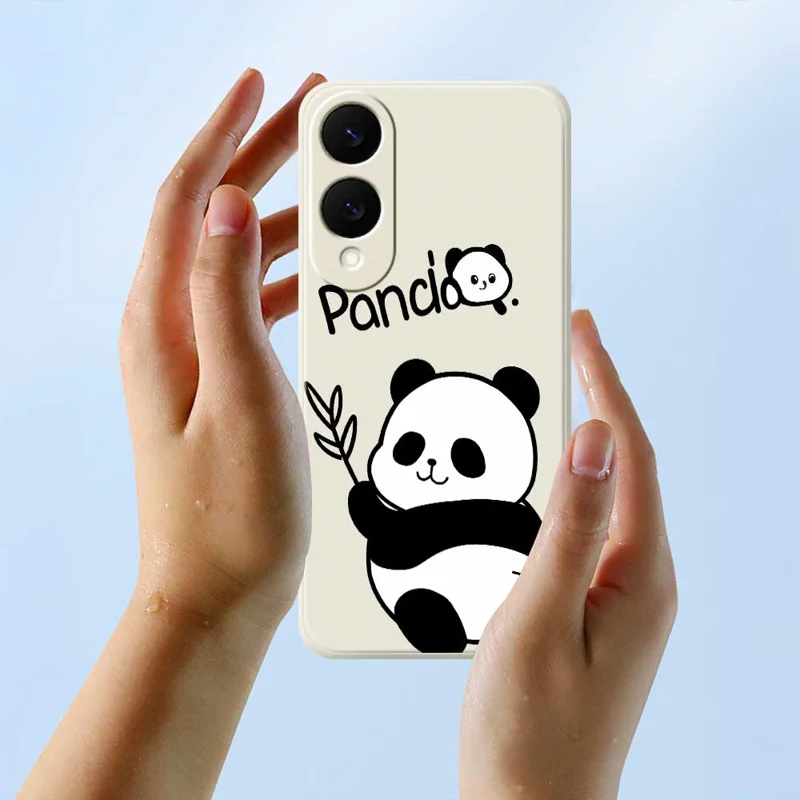 Capa de Celular para Samsung Galaxy S25 Edge com Estampa de Panda, Borda Reta, Capa Traseira de TPU - Bege