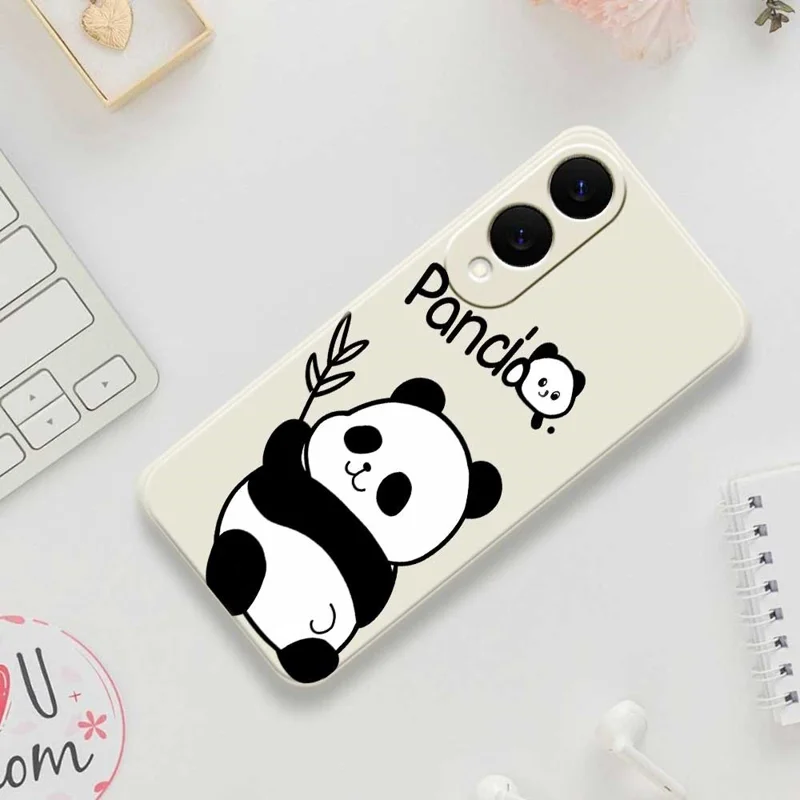 Capa de Celular para Samsung Galaxy S25 Edge com Estampa de Panda, Borda Reta, Capa Traseira de TPU - Bege