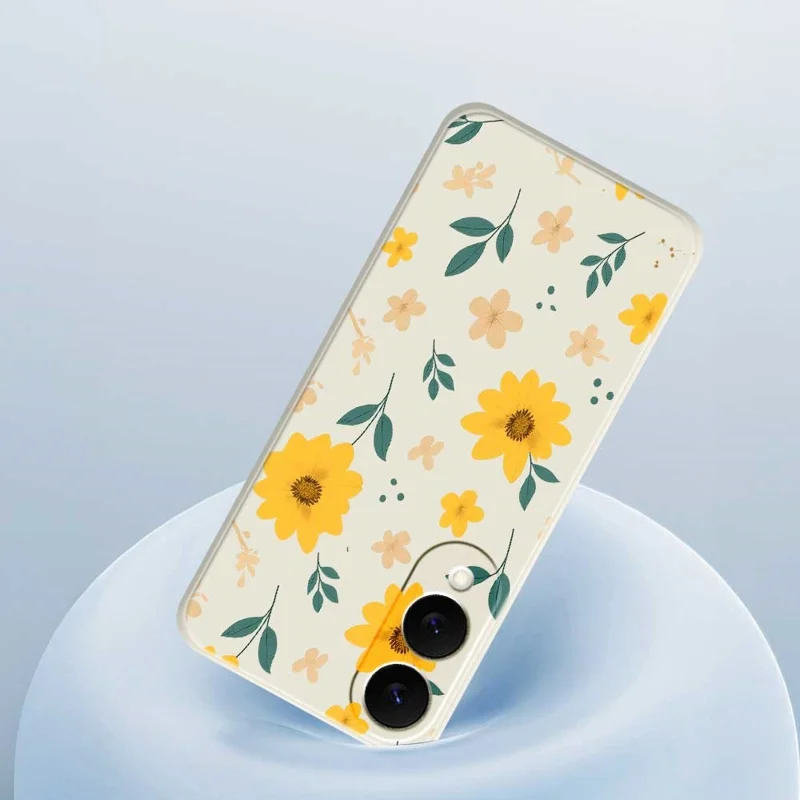 For Samsung Galaxy S25 Edge Case Yellow Floral and Leaves Pattern Printing Straight Edge TPU Phone Back Cover - Beige